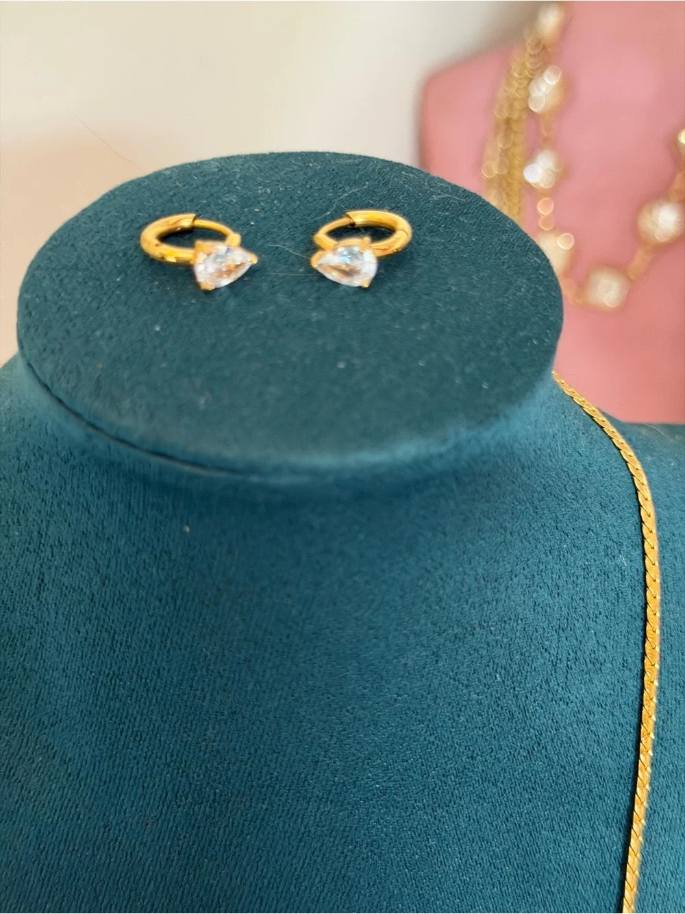 18k Gold Plated jewelry set ~ Chain Necklace with CZ Pendant + CZ Huggies